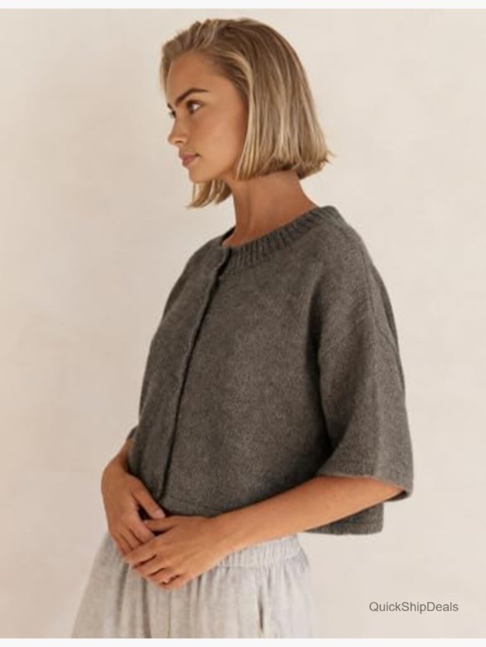 Lightweight Cropped Cardigan Sweater Button Up Knitwear Women 3/4 Sleeve - Picture 2 of 7